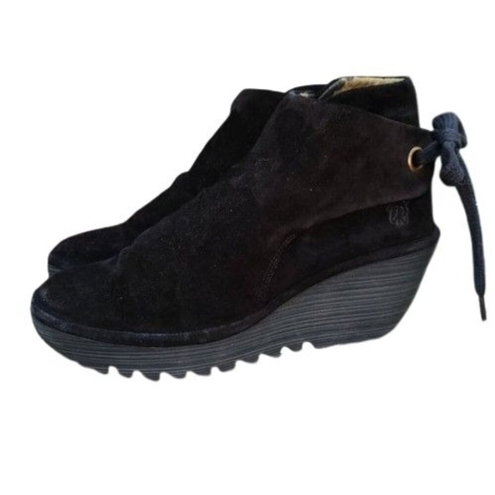 Fly London Oiled Suede Leather Ankle Boots Bootie Black Wedge Tie Wrap Back